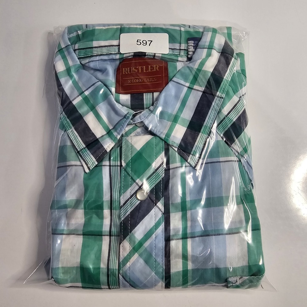 Rustler X-Long Tails‎ Teal, White, Navy Western Pearl Snap Wrangler Cowboy Rodeo - Picture 9 of 9